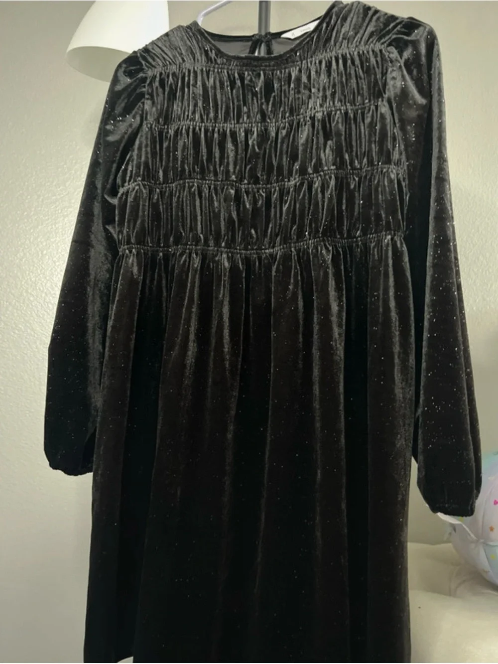 Mango Black Velvet Smocked Bodice Long-Sleeve Girls' Dress